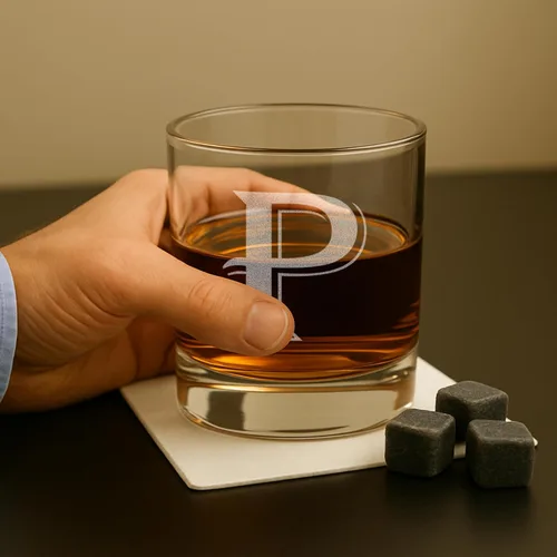 Miniatura 2 de On The Rox Drinks (P-Monogram) - Juego de 4 piezas de 11 onzas grabadas con base pesada, vasos elegantes de vidrio, multiusos, para bebidas, vasos