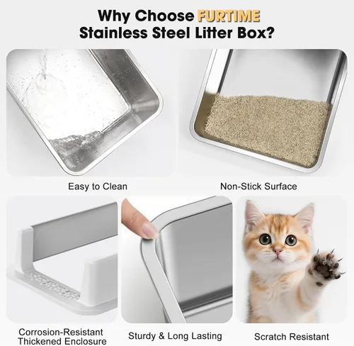 Miniatura 6 de FURTIME Caja de arena de acero inoxidable para gatos con tapa, caja de arena de metal para gatos pequeños, cajas de arena para gatitos con pala