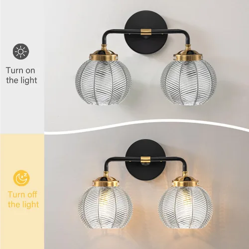 Miniatura 7 de Lámpara de tocador de baño de 2 luces, luces de globo de vidrio transparente, lámpara de montaje en pared negra con pantalla de vidrio acanalado