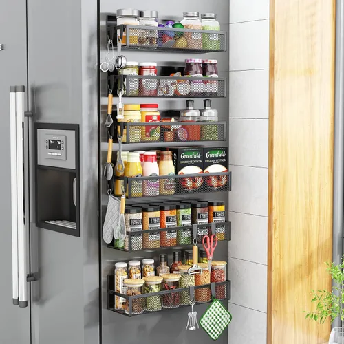 Estante magnético para especias Aufworld para refrigerador, paquete de 6 estantes magnéticos, organizador de imanes para nevera con 12 ganchos