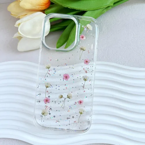 Miniatura 3 de LSEEKA Funda transparente para iPhone 14 Pro con diseño de flores reales prensadas, con purpurina, bonito patrón floral rosa, delgada, suave, funda
