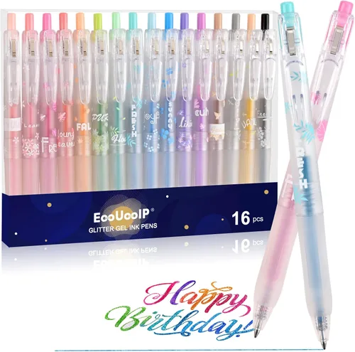 Bolígrafos de gel con purpurina, 0.7mm de punta fina, 16 colores surtidos con agarre cómodo, bolígrafos brillantes retráctiles de colores para
