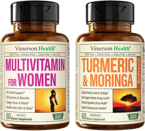 Vimerson Health Suplemento multivitamínico y de moringa de cúrcuma para mujeres para apoyo inmunológico, energía, estado de ánimo, cabello, piel,