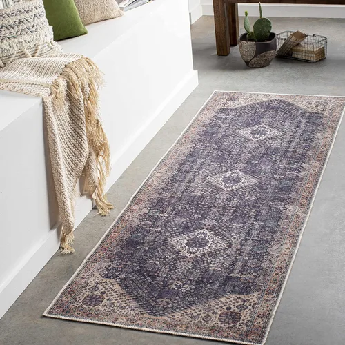 Hauteloom Kittrell - Alfombra de pasillo lavable a máquina, tradicional, beige, rojo ladrillo, ciruela oscura, 2 pies 7 pulgadas x 7 pies 10 pulgadas