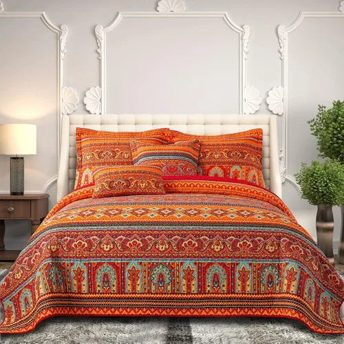 BEDIFANY Juego de edredón de algodón tamaño King – Colcha ligera bohemia King – Juego de ropa de cama reversible naranja colorido – Juego de edredón