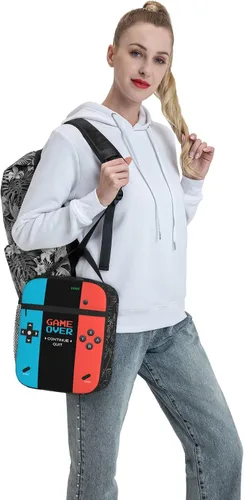 Miniatura 8 de Lonchera aislada para videojuegos, lonchera para niños y niñas, reutilizable, portátil, con asa desmontable (rojo neón y azul)