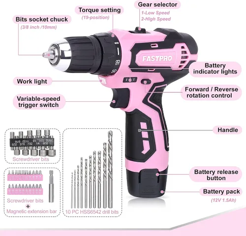 Miniatura 9 de FASTPRO Kit de taladro rosa de 42 piezas de 12 V, taladro inalámbrico de 3/8 pulgadas con baterías de 1.5 Ah, cargador y bolsa de herramientas