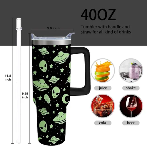 Miniatura 2 de Vaso térmico de alienígena de 40 onzas con asa y pajita abatible, taza aislante de acero inoxidable para amantes de ovnis, taza de café de viaje