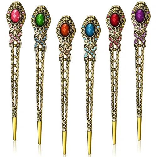 6 palillos chinos con diamantes de imitación vintage, palillos chinos retro, elegantes y tradicionales, accesorios para mujeres, decoración de