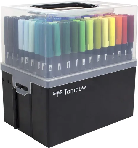 Tombow 56179 Marcadores artísticos de doble pincel, juego de 108 colores con estuche para marcadores. Marcadores mezclables, con pincel y punta fina