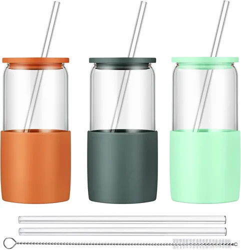 Miniatura 12 de Sunseeke Vaso de vidrio con popote y tapa, taza de café helado de 16oz, manga de silicona y cepillos de limpieza, vasos para agua, café helado