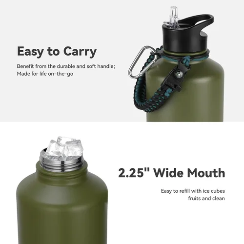 Miniatura 4 de Botella de agua aislada de 64 onzas con tapas de pajita y boquilla, jarra de agua de acero inoxidable de medio galón con mango de paracord, vacío
