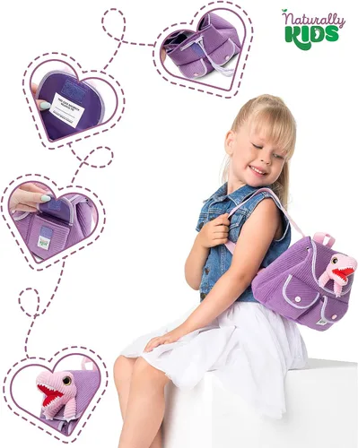 Miniatura 5 de Naturally KIDS Mini mochila de dinosaurio - Mochila muy pequeña para niñas y niños - Juguetes de dinosaurio para niños de 3 a 5 años - Mochila