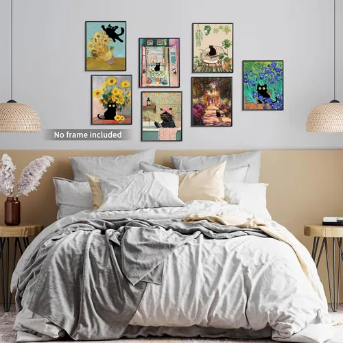 Miniatura 5 de Divertido póster de arte de pared de gato negro, juego de 9, impresiones en lienzo vintage de gato negro de Van Gogh, impresiones estéticas florales