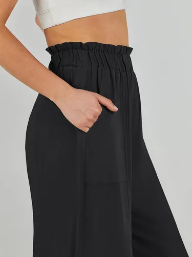 Miniatura 4 de ANRABESS Pantalones palazzo de lino para mujer, estilo casual, holgados, cintura alta, pierna ancha, pantalones de playa con bolsillo