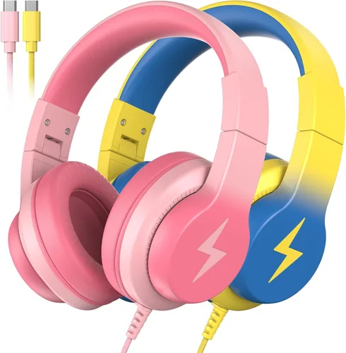 Miniatura 12 de Candy Bila Auriculares con cable para niños, auriculares USB tipo C para niños, volumen seguro de 85 dB, sonido estéreo HD, ajuste cómodo, ajustable