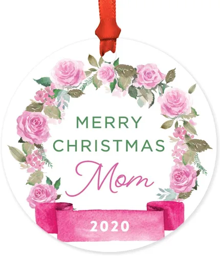 Miniatura 30 de Andaz Press Adorno de Navidad de madera grabado con láser para aniversario de boda, 1 año juntos, Navidad 2025, pancarta de flores rosas, 1 paquete