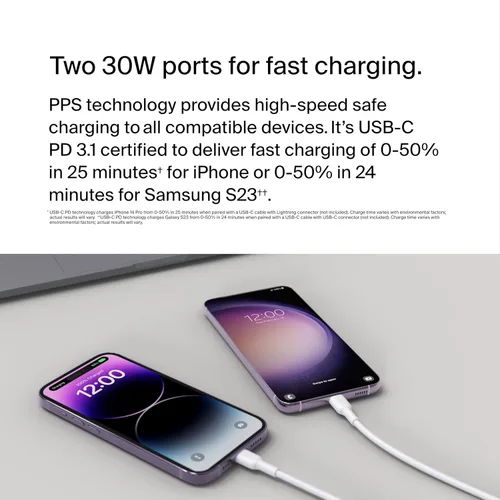 Miniatura 2 de Belkin Bloque de cargador dual USB C de 60 W con carga súper rápida PPS - Samsung Galaxy S25, Apple iPhone 17, Air, Pro, Pro Max, iPad, AirPods