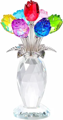 Miniatura 13 de YWHL Figura de ramo de rosas azules de cristal con jarrón, hecha a mano para mujeres en el día de la madre, flores de cristal con tallo decoración