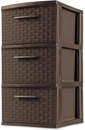 Sterilite Torre de Gabinete Contenedor de Almacenamiento y Organización Decorativo de Tejido de Mimbre de Plástico de 3 Cajones con Asas de