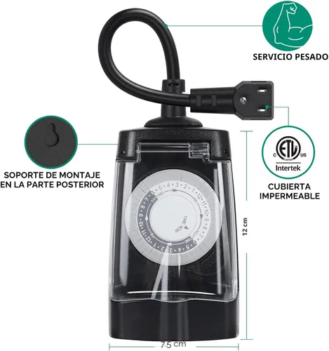 Miniatura 3 de G-Homa Temporizador mecánico de 24 horas para exteriores, temporizador para exteriores para luces, resistente al agua, 2 salidas a tierra, 15 A 1/2