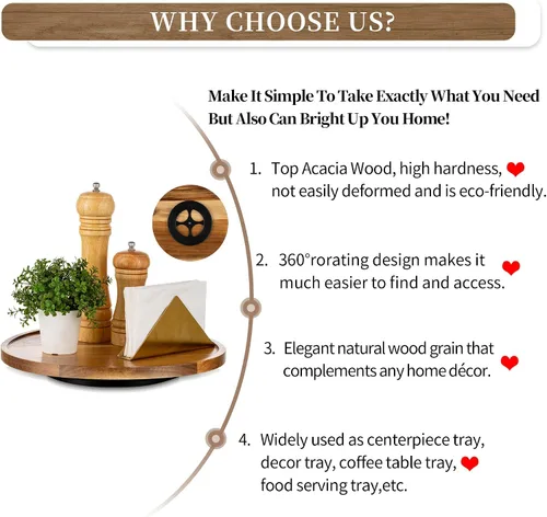 Miniatura 7 de Hanobe Bandeja de madera Lazy Susan: mesa giratoria redonda de madera de acacia bandejas decorativas para mesa de centro de mesa de centro de mesa