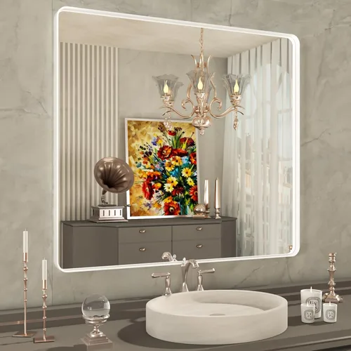 Miniatura 79 de Espejo de baño LED de 60x36 pulgadas con marco negro, espejos de baño retroiluminados y con luz frontal para pared, antiempañamiento, regulable