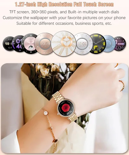 Miniatura 3 de Reloj para mujer, pantalla AMOLED HD de 1.25 pulgadas, reloj inteligente para mujer, rastreador de actividad física con monitor de frecuencia Dorado
