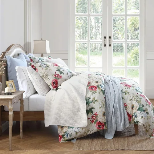 Miniatura 14 de HiEnd Accents Dalia - Juego de edredón de lino de 3 piezas, tamaño King, juego de ropa de cama floral azul claro, estampado botánico de flores