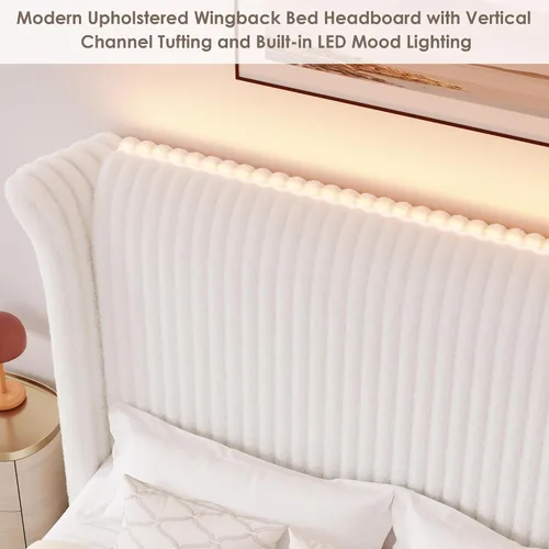 Miniatura 6 de Keyluv Marco de Cama Queen con Cabecera Alta Tipo Ala de Piel Sintética de 54", Cama Plataforma Tapizada con Luz LED, Base de Colchón con Soporte