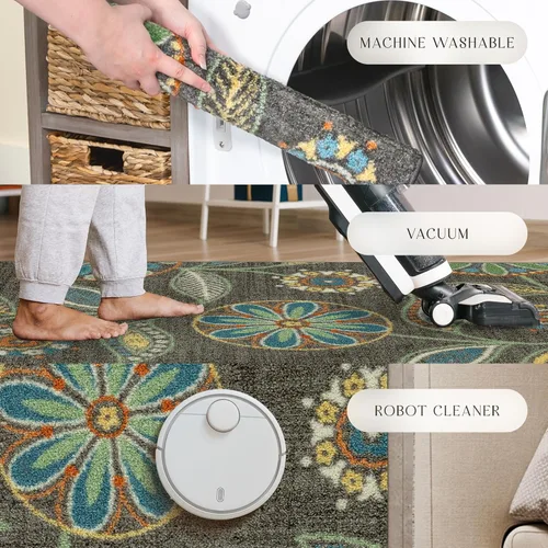 Miniatura 8 de Alfombra antideslizante Maples Rugs Reggie, tapete para pasillo, entrada, con diseño floral (fabricado en Estados Unidos), multicolor, 2 x 6 Gris