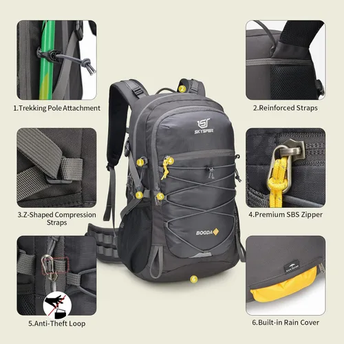 Miniatura 5 de SKYSPER Mochila de senderismo para hombres y mujeres, mochila de viaje de 35 litros, impermeable, mochila de campamento ligera para exteriores gris
