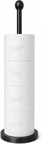 Songtec Soporte para Papel Higiénico de Pie, Soporte de Rollo de Papel Tisú Negro de Pie con Reserva para 4 Rollos, Diseño Compacto de