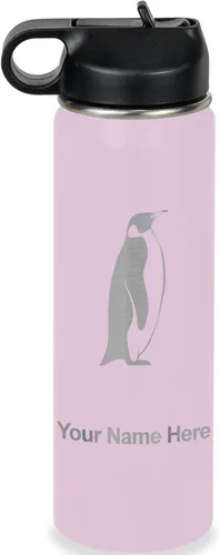 Miniatura 74 de LaserGram Botella de agua personalizada, pingüino, acero inoxidable de doble pared aislada al vacío con popote superior, regalo grabado
