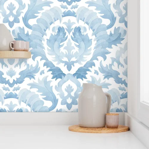 Miniatura 8 de Muestro de papel tapiz extraíble – Acuarela Damasco Botánico Floral Azul Claro Monocromo Clásico Barroco Hoja de Acanto Papel pintado personalizado