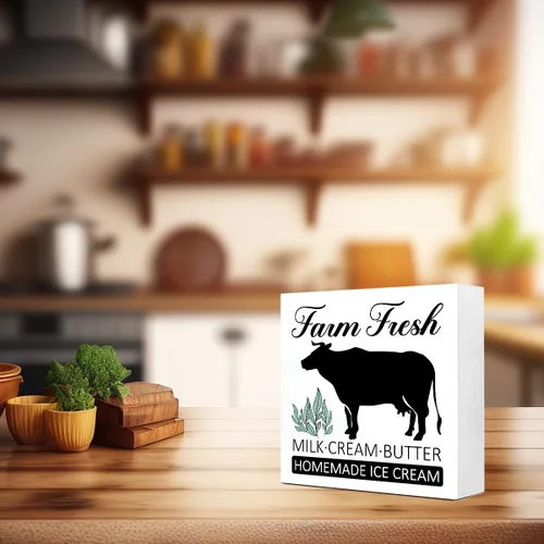 Miniatura 6 de LVQHI Letrero de madera artesanal con diseño de granja de crema de leche fresca y mantequilla, heladería casera, letrero de granja lechera