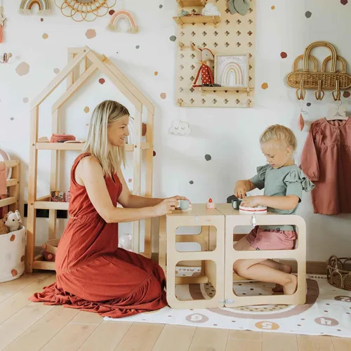 Miniatura 2 de Torre de cocina Montessori y taburete de observación para niños, mesa y silla plegable, torre de observación de cocina (color lacado/madera)