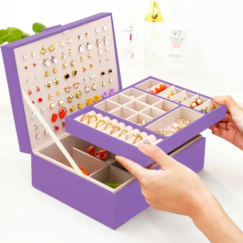 Miniatura 97 de Joyero de pendientes para mujeres y niñas, organizador de aretes de 5 capas, caja organizadora de joyas blanca con candado, collares y aretes