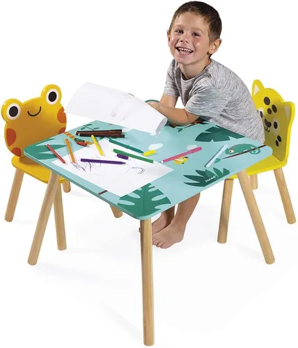 Miniatura 4 de Janod - Mesa Tropik de Madera y 2 Sillas - Mueble Infantil - Mesa: 21,65 x 21,65" - 1 Silla Jaguar y Rana - Pinturas a Base de Agua - 3 Años + J08273