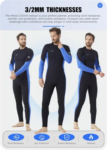 Miniatura 4 de Hevto - Traje de neopreno para hombre, 3/2 mm, con cremallera delantera y trasera, para aguas frías, para surf, natación, buceo