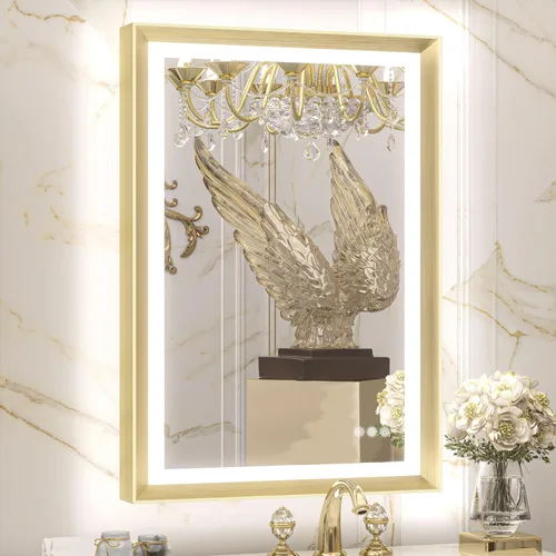 Miniatura 12 de TETOTE Espejo LED dorado para baño, marco de metal de 20 x 28 pulgadas, espejo de tocador iluminado frontal y retroiluminado, barroco, antiniebla