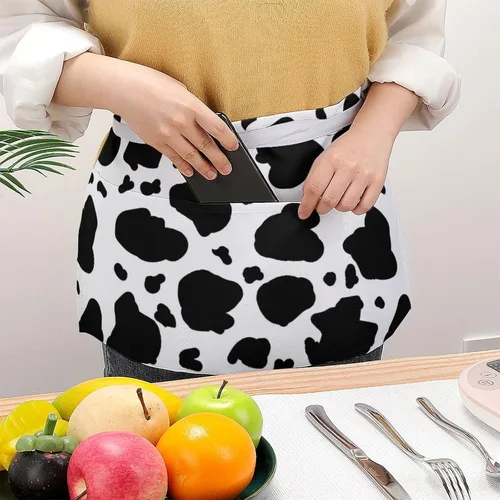 Miniatura 3 de Delantal de media cintura con estampado de vaca, con 3 bolsillos, ajustable, para cocinar, servir con correa larga, delantales para mujeres