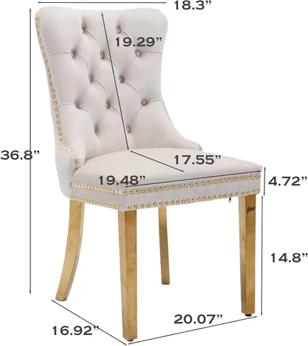 Miniatura 2 de Juego de 6 sillas de comedor de terciopelo SoarFlash, sillas de comedor acolchadas con botón con ribete de cabeza de clavo, pata chapada en oro
