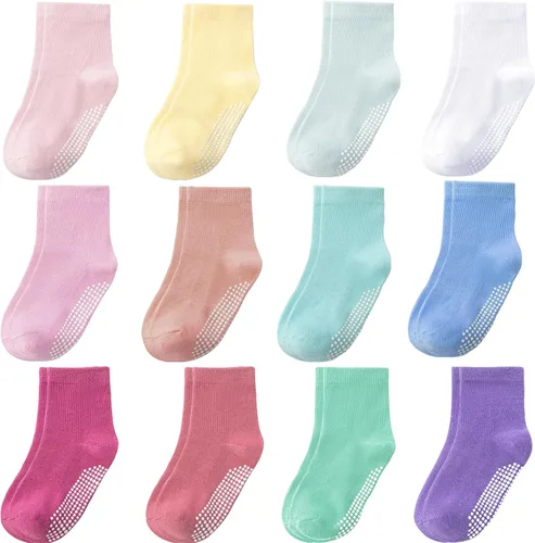 Miniatura 20 de Calcetines con Agarre Antideslizantes de Algodón para Bebés y Niños Pequeños, Niños y Niñas, Paquete de 12 Calcetines de Tobillo Lindos para Niños