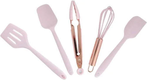 Miniatura 5 de Utensilios de cocina de silicona, 5 piezas, juego de utensilios de cocina, espátula, utensilios de cocina para niños, raspador de silicona, rosa