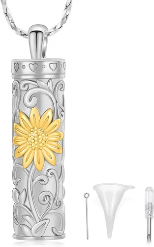 Miniatura 8 de Collar de urna de girasol para cenizas, collar de barra cilíndrica para cenizas para mujer, colgante de recuerdo para cenizas, joyería de cremación