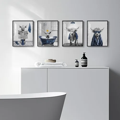 Miniatura 2 de Arte de pared divertido de vaca de las tierras altas enmarcado para baño, 4 piezas de divertidos animales, impresiones artísticas azul marino, linda