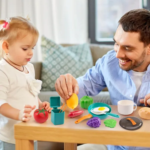 Miniatura 6 de 60 piezas de accesorios de cocina de juego para niños, juego de cocina simulada con ollas y sartenes, vajilla y conjuntos de frutas y barbacoa, Verde