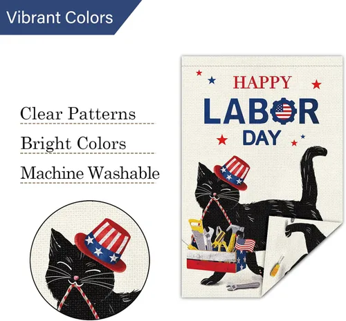 Miniatura 5 de Louise Maelys Bandera de jardín con texto en inglés «Happy Labor Day» de doble cara vertical, arpillera con gato negro pequeño, jardín, patio, casa