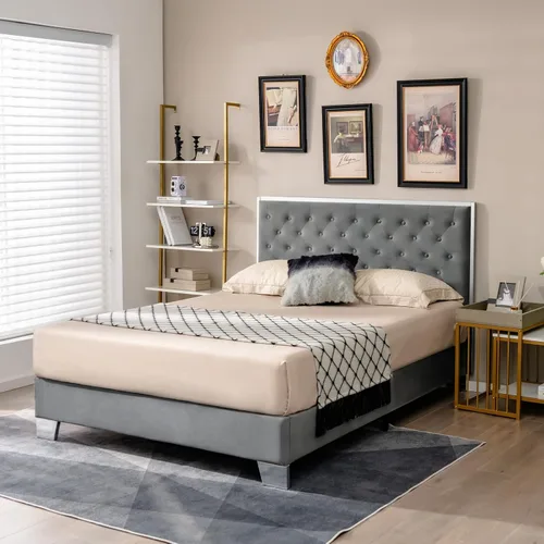 Miniatura 8 de Giantex Base de cama tapizada, plataforma moderna con cabecera de terciopelo capitoné con botones, marco de cama tamaño matrimonial, base de colchón